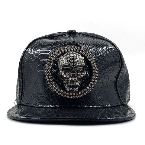 Rhinestone Schädel Baseball Cap PU Leder Krokodil Muster Hip Hop Flache Krempe Hut Streetwear Punk Unisex