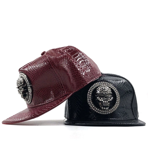 Rhinestone Schädel Baseball Cap PU Leder Krokodil Muster Hip Hop Flache Krempe Hut Streetwear Punk Unisex
