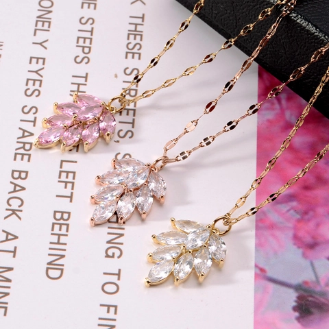 Collana Con Ciondolo A Foglia Acciaio Inossidabile Titanio Con Zircone Cristallo Gioielli Di Moda Per Donne Ragazze