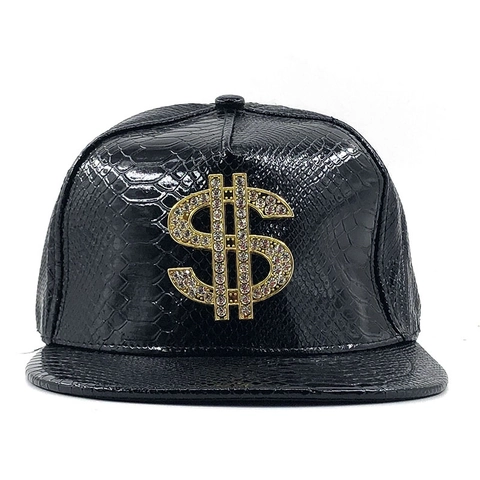 Faux Leather Crocodile Pattern Hip Hop Snapback Hat Gold Rhinestone USD Money Sign Flat Brim Baseball Cap Unisex