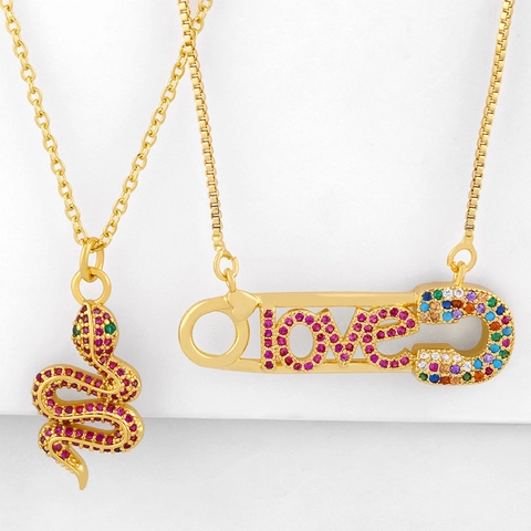 18K Gold Plated Copper Necklace Snake Pendant And LOVE Safety Pin With Colorful Cubic Zirconia Trendy Punk Jewelry Women
