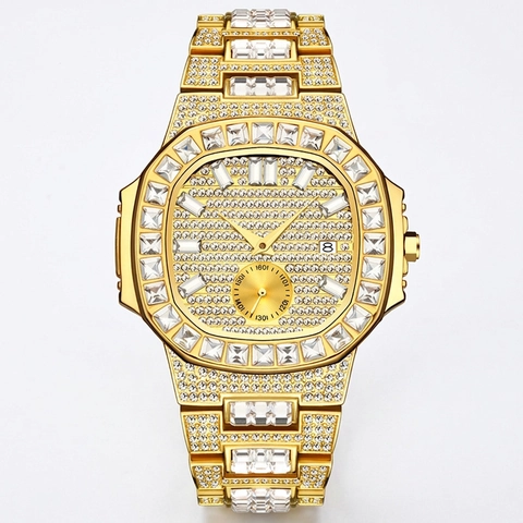 Luxury Men Quartz Watch Iced Out Lab Diamond Alloy Stainless Steel Waterproof Calendar Hip Hop Punk Fashion