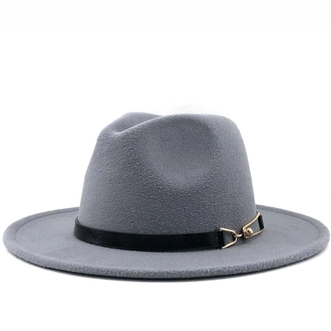 Wide Brim Fedora Hat Woolen Felt Jazz Cap With Leather Belt Gold Buckle Retro British Style Elegant For Women Men