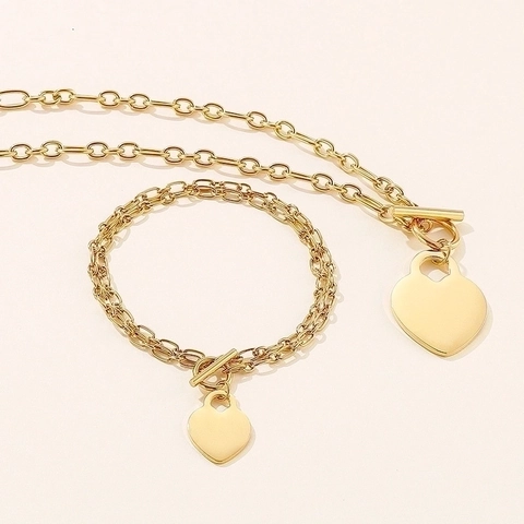 Gioielli Di Moda Collana E Bracciale Per Donna Acciaio Inossidabile Pendente A Cuore Chiusura A Gancio Catena Stile Elegante