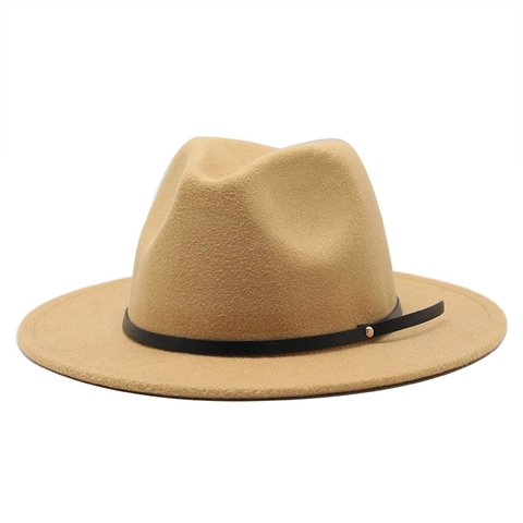 Wide Flat Brim Fedora Hat Woolen Felt Jazz Cap With Leather Band Gold Rivet Retro Elegant British Style For Women Men