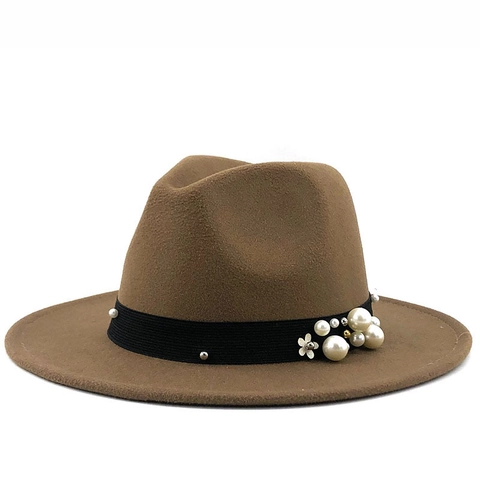 Women Wool Felt Fedora Hat Wide Brim Retro Elegant Jazz Hat With Artificial Pearl Flower Decorative Band