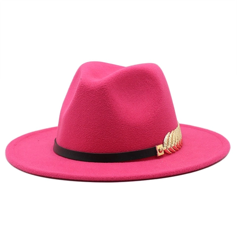 Vintage Fedora Hat Wool Felt Wide Brim Metal Leaf Decoration British Style Elegant Formal Jazz Cap For Women