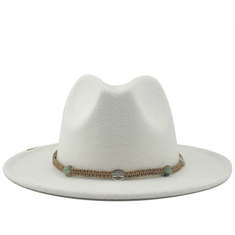 Vintage Fedora Hat Woolen Felt Flat Wide Brim Ethnic Braided Band Decorative Beads Metal Buckle Jazz Cap Women Men