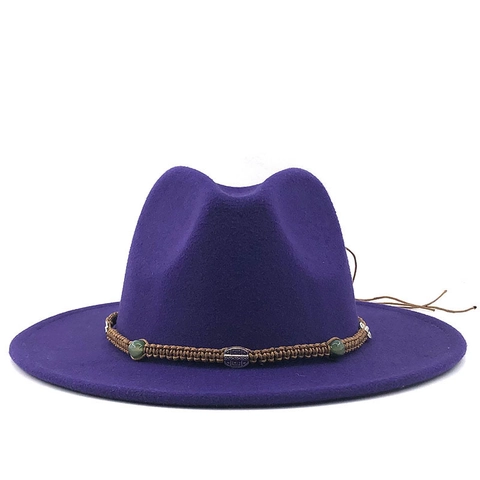 Vintage Fedora Hat Woolen Felt Flat Wide Brim Ethnic Braided Band Decorative Beads Metal Buckle Jazz Cap Women Men