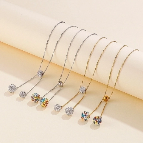 Stainless Steel Y Shape Adjustable Necklace For Women With Pave Rhinestone Ball Pendants Minimalist Elegant Fashion Jewelry