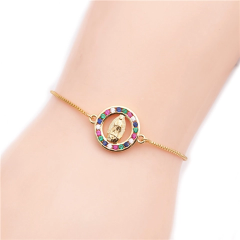 Pulsera Medalla Virgen María Cobre Micro Pavé Circonita Cúbica Colorida Cadena De Caja Ajustable Joyería Religiosa Para Mujeres