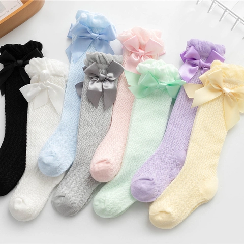 Baby Girls Mesh Socks Hollow Out Satin Bow Knee High Ruffle Mid Tube Breathable Toddler Infant