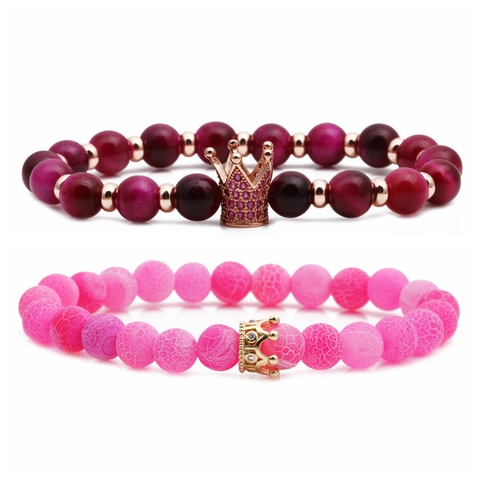 Bracciale Di Perline Corona Rame Micro-Intarsio Zircone Pietra Occhio Di Tigre Coppia Gioielli Elastici Fatti A Mano