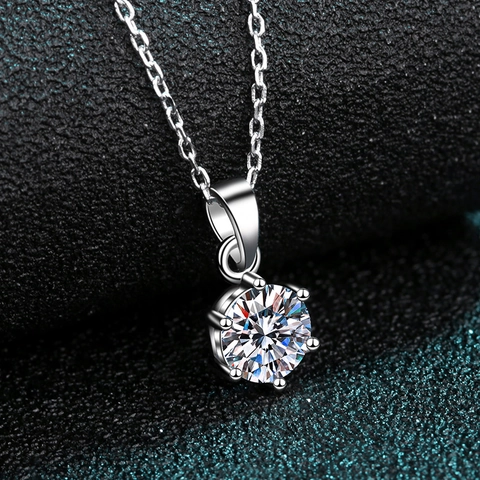 Solitaire Pendant Necklace Round Brilliant Cut Moissanite Six Prong Setting 925 Sterling Silver Elegant Jewelry Women