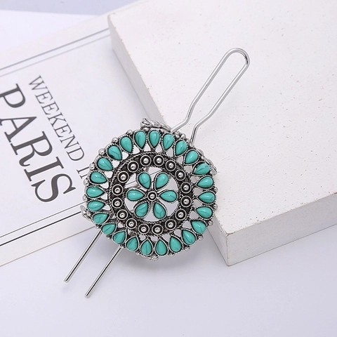 Vintage Flower Hair Stick Turquoise Inlay Zinc Alloy Hairpin Bohemian Ethnic Style Hair Jewelry For Women Girls