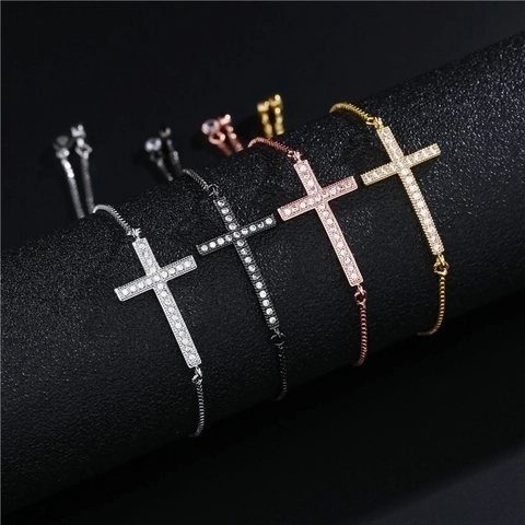 Bracciale Bolo Croce Laterale Rame AAA Zirconia Micro Pave Catena Scatola Regolabile Gioielli Religiosi Regalo Per Donne