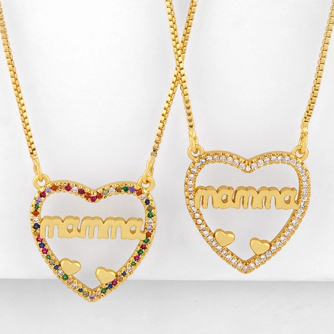 Copper 18K Gold Plated Heart Mamma Letter Pendant Necklace Colorful White Zircon Box Chain Mother Day Gift Women