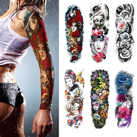 Full Arm Temporary Tattoo Stickers Waterproof Large Realistic Body Art Skull Rose Wolf Lion Designs Disposable Long Lasting