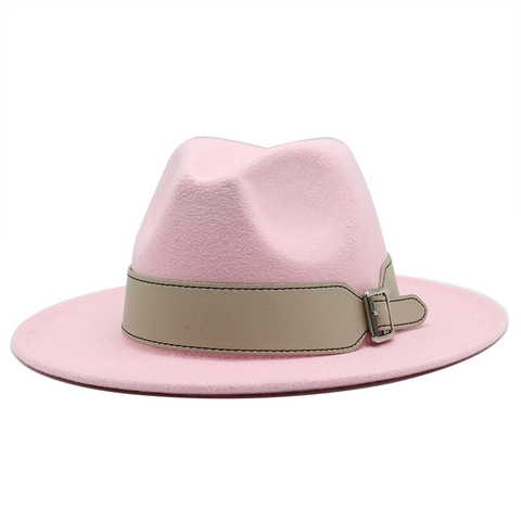 Classic Fedora Hat Wool Felt Wide Flat Brim Vintage Jazz Cap With Leather Belt Metal Buckle Fashion For Men Women