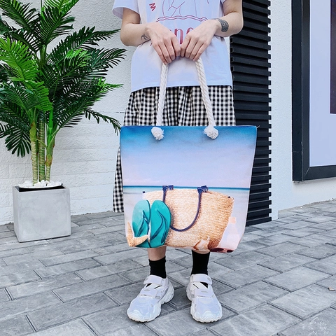 Borsa Da Spiaggia Grande In Tela Cotone Lino Da Donna Con Manico In Corda Vacanze Estive Stampa Tropicale Moda