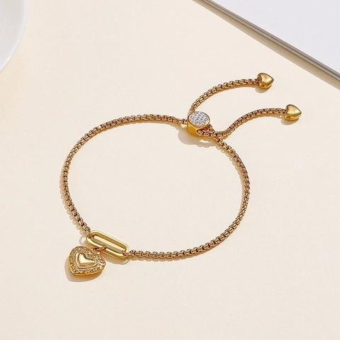 Bracciale Regolabile Con Pendente A Cuore Acciaio Inossidabile Catena Box Cursore Gioielli Minimalisti Donna