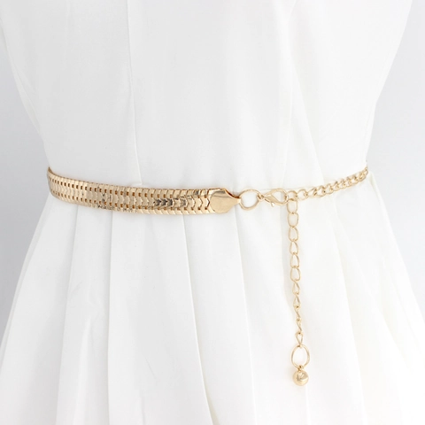 Women Fashion Metal Alloy Waist Chain Belt Adjustable Hook Closure For Dresses Herringbone Gold Tone Decorative