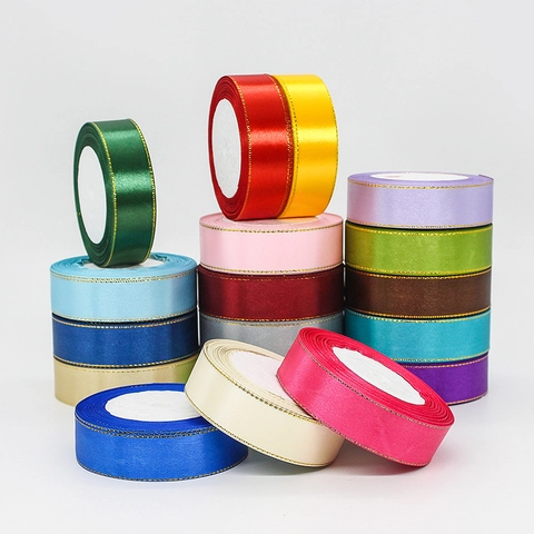 Gold Edged Satin Ribbon For Gift Wrapping Cake Box Decoration Colorful Polyester Satin Fabric Tape DIY Crafts Wedding Party