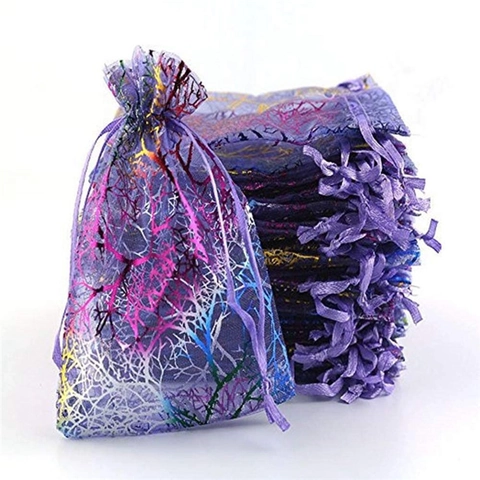 Organza Gift Bags Coral Bronzing Pattern Drawstring Jewelry Packaging Pouch Wedding Party Favor Shimmer Transparent