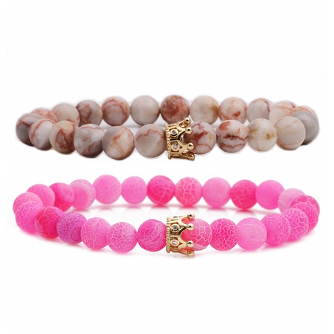 Bracelet Perles Couronne Pierre Naturelle Zircon Micro Pavé Alliage Charme Élastique Bijoux Couple Tendance