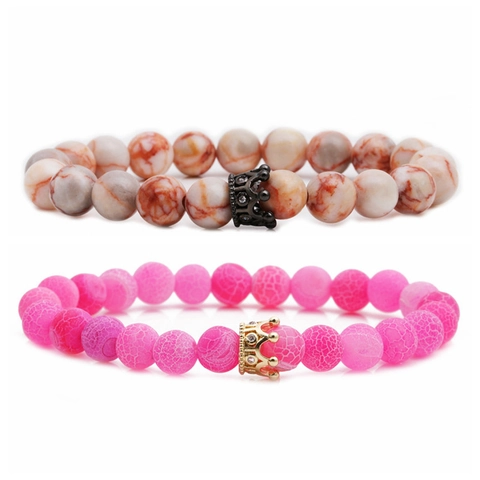 Bracelet Perles Couronne Pierre Naturelle Zircon Micro Pavé Alliage Charme Élastique Bijoux Couple Tendance