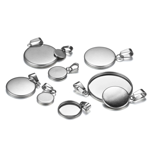 Stainless Steel Round Cabochon Setting Pendant Base With Pinch Bail For DIY Jewelry Making Bezel Tray Findings Silver Tone