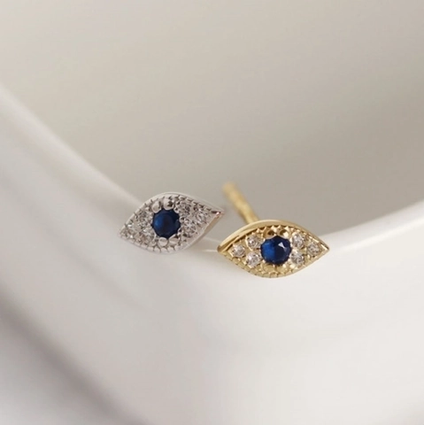 Evil Eye Stud Earrings Blue Cubic Zirconia Copper Jewelry With 925 Sterling Silver Earring Post For Women