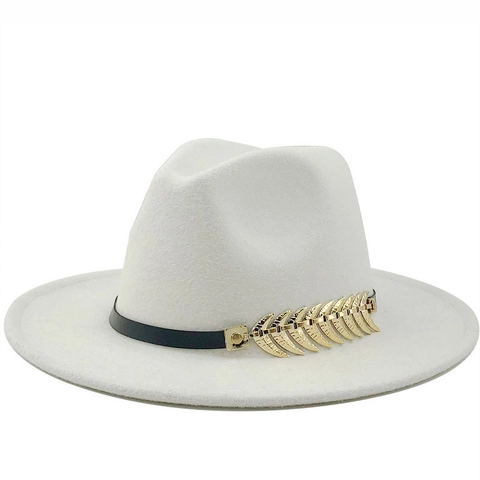 Women Fedora Hat Wool Felt Wide Brim Vintage British Style With Metal Leaf Decoration Jazz Cap