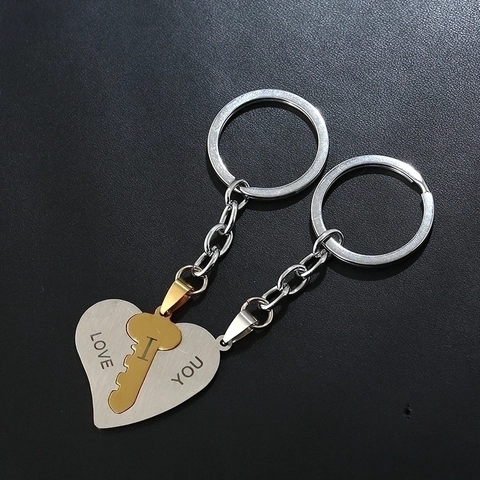Porte-clés Couple En Acier Inoxydable Pendentif Cœur Et Clé Gravé I Love You Cadeau Bijoux Pour Amoureux
