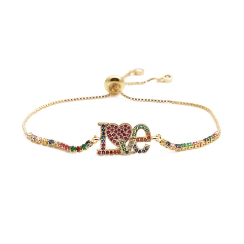 Bracciale Cuore Lettere LOVE Rame Zirconia Cubica Arcobaleno Micro-incastonato Catena Regolabile Regalo
