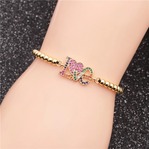 Bracciale Cuore Lettere LOVE Rame Zirconia Cubica Arcobaleno Micro-incastonato Catena Regolabile Regalo