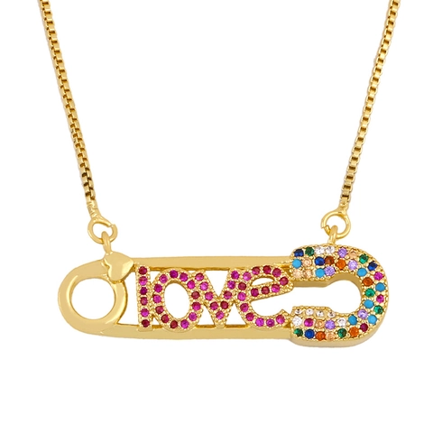 18K Gold Plated Copper Necklace Snake Pendant And LOVE Safety Pin With Colorful Cubic Zirconia Trendy Punk Jewelry Women