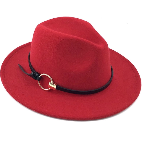 Wool Felt Fedora Hat With Metal Ring Belt Decor Flat Wide Brim Jazz Cap For Women And Men