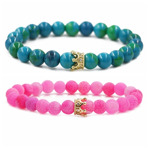 Natural Stone Beaded Armband Kupfer Krone Anhänger Micro Pave Zirkon Handgefertigter Modeschmuck Für Damen Herren