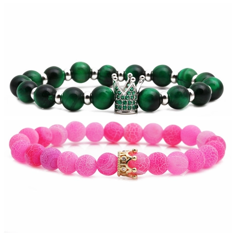 Bracciale Di Perline Corona Rame Micro-Intarsio Zircone Pietra Occhio Di Tigre Coppia Gioielli Elastici Fatti A Mano