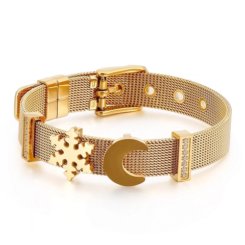 Schneeflocke Mond Maschenarmband Edelstahl Rhinestone Verstellbar Milanese Gürtel Stil Schmuck Für Damen