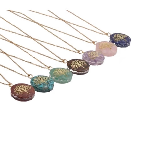 Collana Con Ciondolo Rotondo Albero Della Vita Cristallo Naturale Pietra Ghiaia Catena Acciaio Inossidabile Gioielli Donna