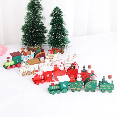 Christmas Wooden Mini Train Ornament Desktop Decoration Cartoon Painted Santa Snowman Car Holiday Festive Party Supplies Gift