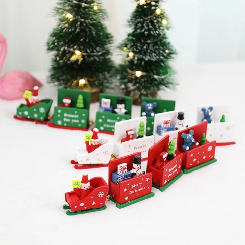 Christmas Wooden Mini Train Ornament Desktop Decoration Cartoon Painted Santa Snowman Car Holiday Festive Party Supplies Gift