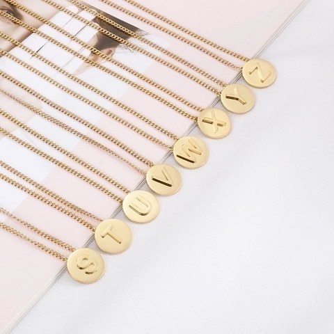 Collier Pendentif Lettre Ronde Minimaliste En Acier Inoxydable Plaqué Or Bijoux Alphabet Initial Pour Femmes