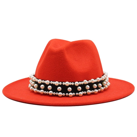 Elegant Wool Felt Fedora Hat Wide Brim Retro British Style With Artificial Pearl Ribbon Decoration Fashion Jazz Cap For Women