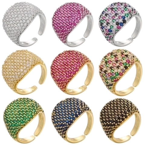 Full Pave Round Cubic Zirconia Brass Ring Wide Band Open Adjustable Western Style Fashion Jewelry For Women