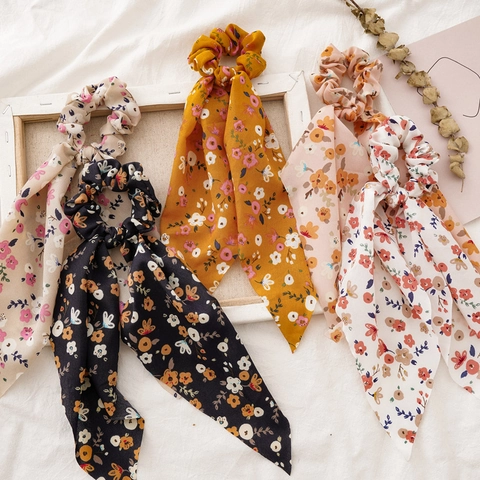 Scrunchie De Gasa Con Estampado Floral Y Cintas Largas Gomas De Pelo Pastorales Dulces Para Mujeres Niñas