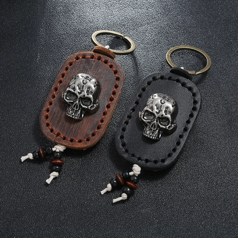Handgefertigter Vintage Rindsleder Totenkopf Schlüsselanhänger Punk Echtleder Taschenanhänger Mit Holzperlen Retro Damen Herren Schlüsselanhänger Geschenk