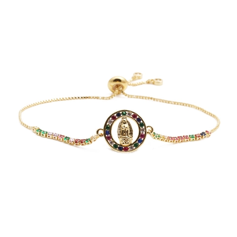 Pulsera Medalla Virgen María Cobre Micro Pavé Circonita Cúbica Colorida Cadena De Caja Ajustable Joyería Religiosa Para Mujeres